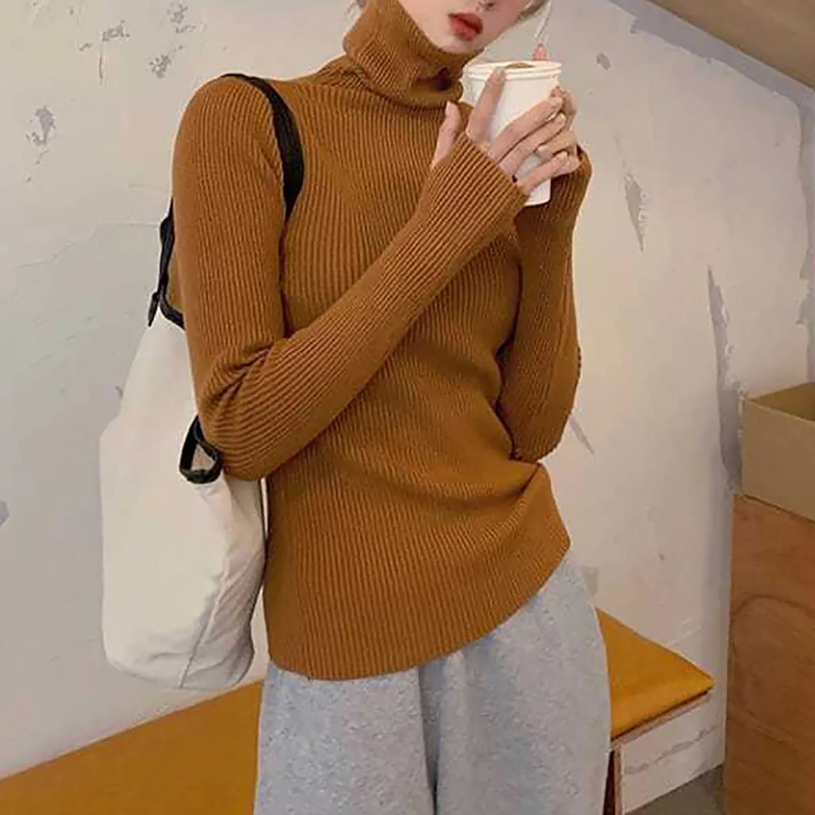 

Women Turtleneck Ribbed Knit Sweater Top Thumb Hole Long Sleeve Mock Neck Solid Slim Fit Casual Knitted Jumper Fashion Women Top