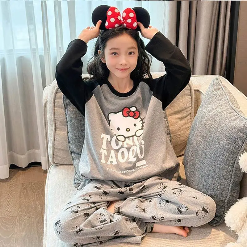 

Удобная пижама Sanrio Hello Kitty для женщин и девочек, из чистого хлопка, с длинным рукавом, дышащая, новый комплект домашней одежды для детей