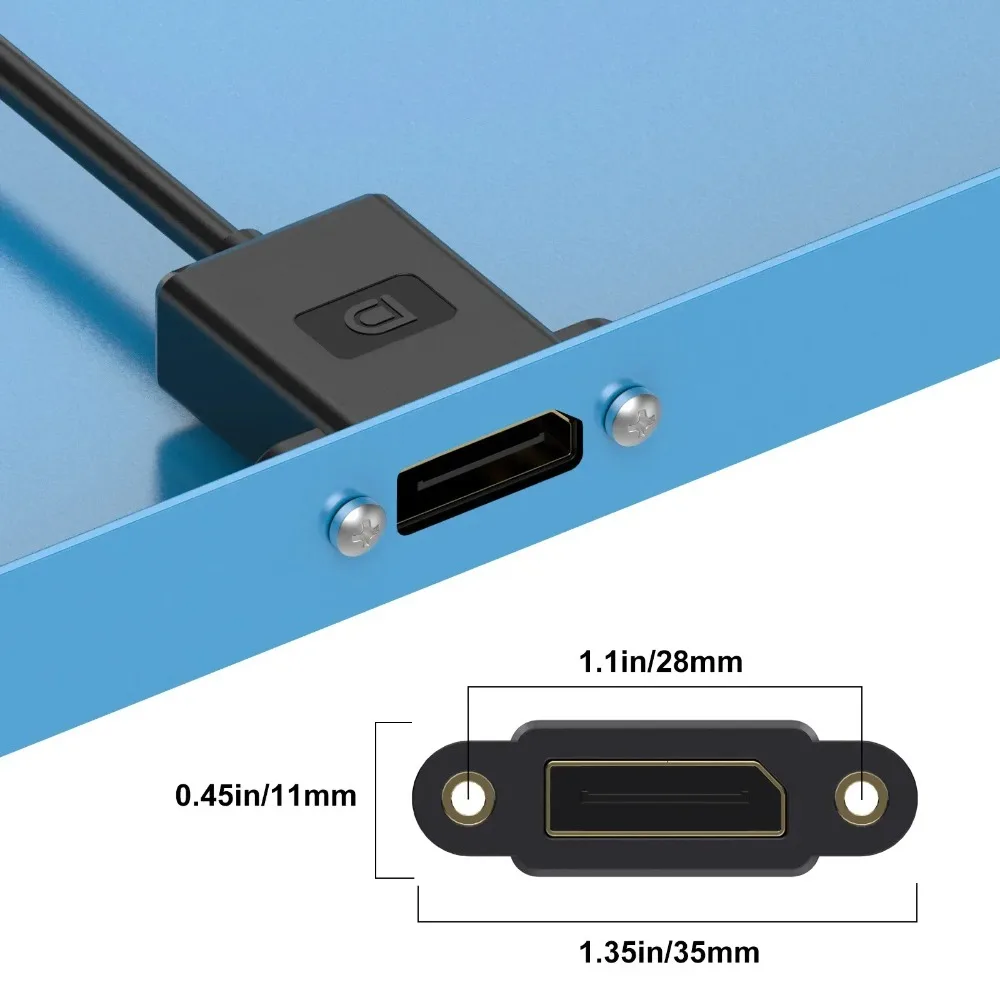 DisplayPort 1.4 Panel Mount Extension Cable 0.3M, 90 Degree DP Cord, Up/Down/Left/Right Angle, 8K@60Hz 4K@144Hz For PC Monitor