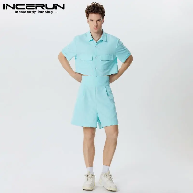 INCERUN Men Sets Solid Color Lapel Short Sleeve Shirt & Shorts Two Pieces Sets 2024 Summer Streetwear Fashion Men Casual Suits