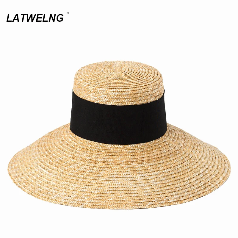 Fashion Flat Top Big Brim Beach Hats For Women Luxury Designer Brand Straw Sun Hats Large Wedding Hat Summer Bucket Hats