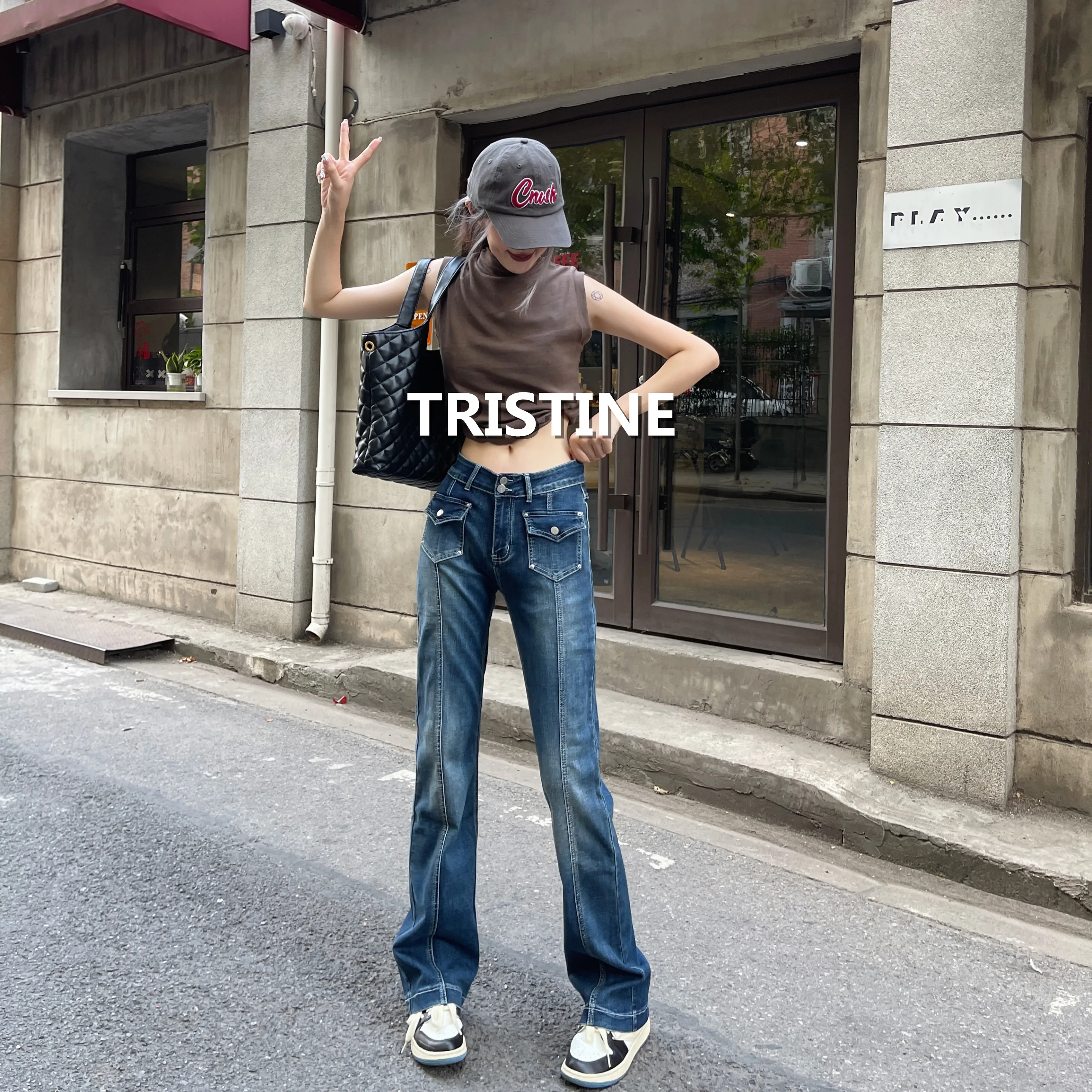 

Женские прямые джинсы Tristine в стиле ретро, эластичные утягивающие длинные брюки с высокой талией на осень-зиму