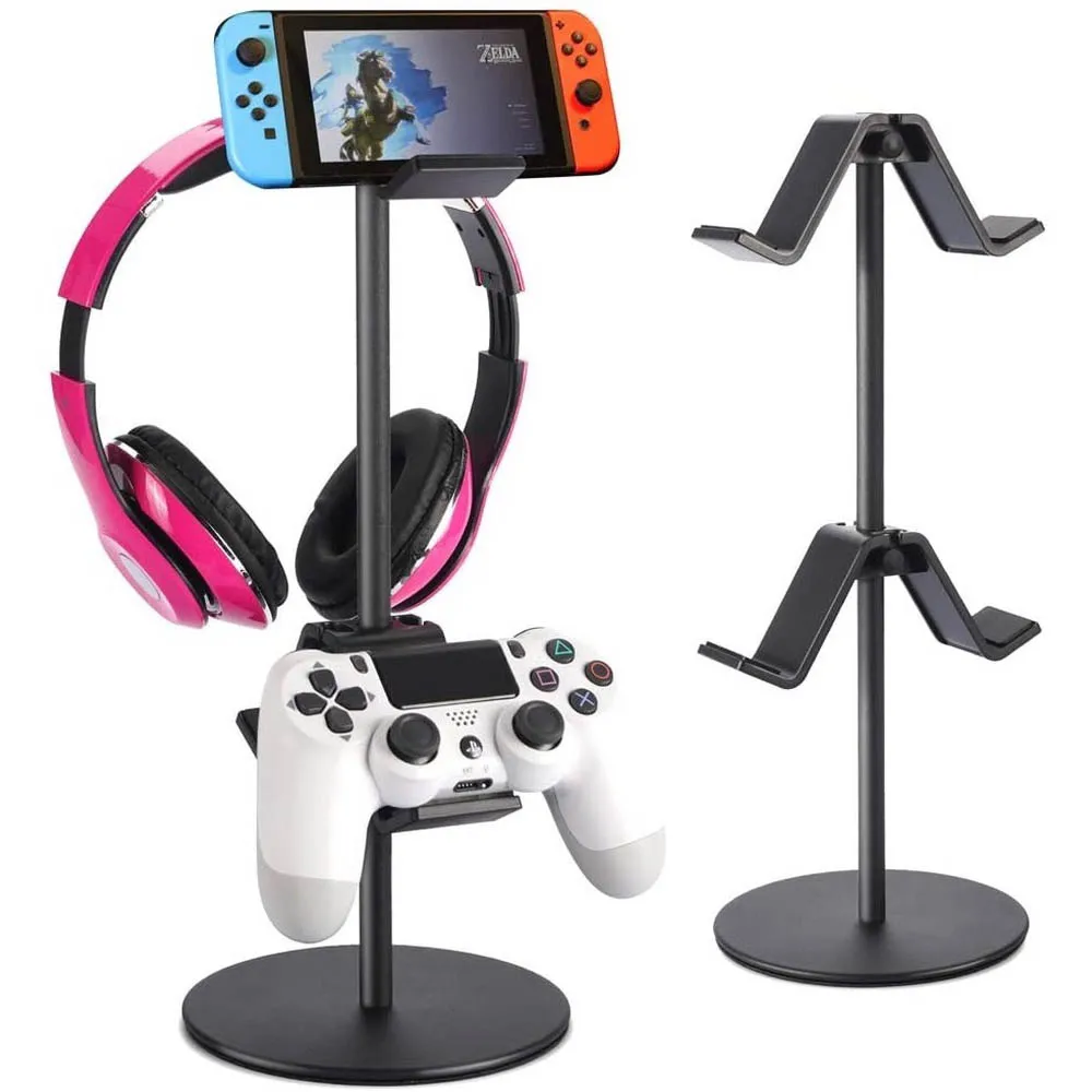 2 Layer Game Controller Stand Game Accessory Storage Rack with Multiple Adjustable Height and Direction Earphone Holder Black