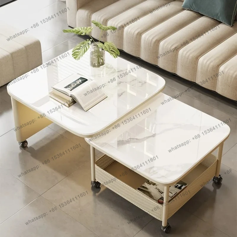 living room household small apartment light luxury modern mobile rotating square rock slab coffee table