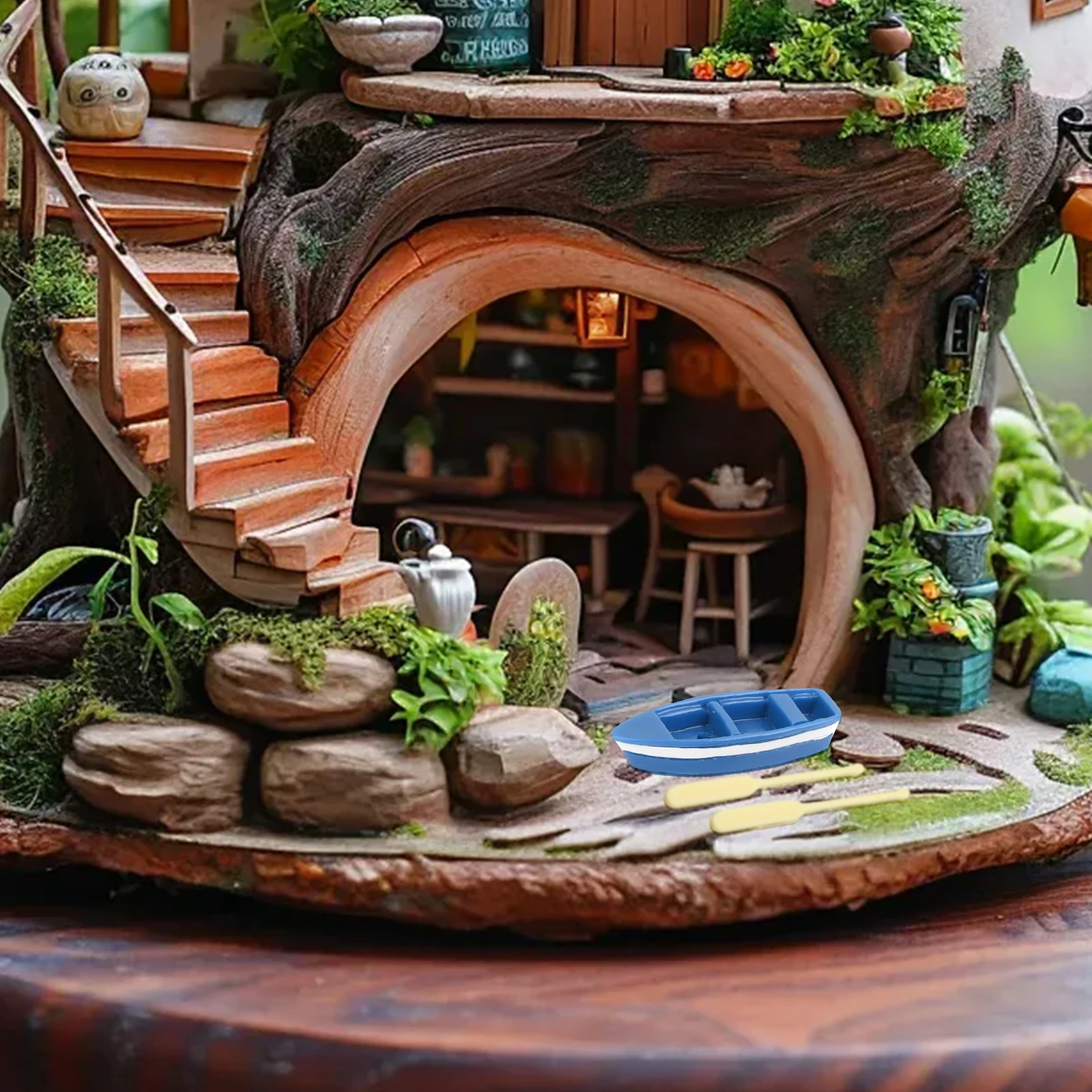 

2 set Miniature Moss Micro Landscape Boat Ornaments Blue 6X2Cm Resin Wood Decor For Gardening Diorama Micro Boat Ornament