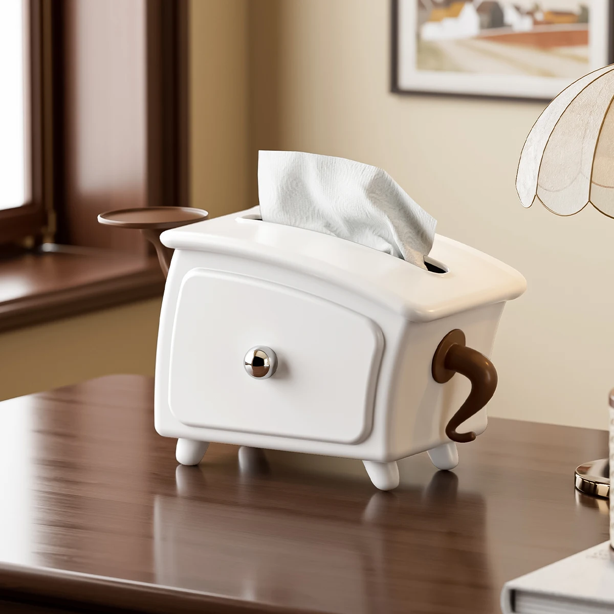 Middle Ages-style creative funny tissue box. The tabletop can accommodate a spring-loaded tissue box.