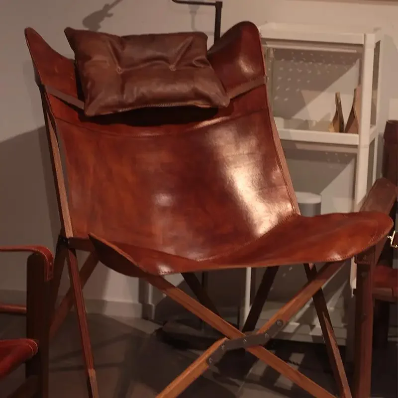 Chaise papillon camping bois massif peau de vache pliante