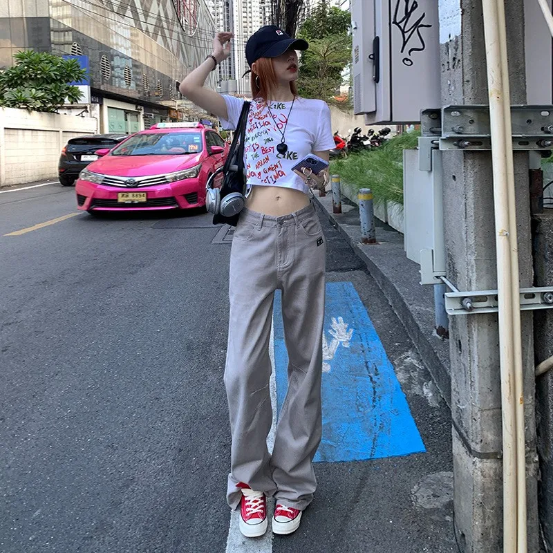 High Waist Straight Leg Embroidered Waed Denim Jeans Women's Summer Loose Wide Leg Slimming Drapey Long Pants Street Sle