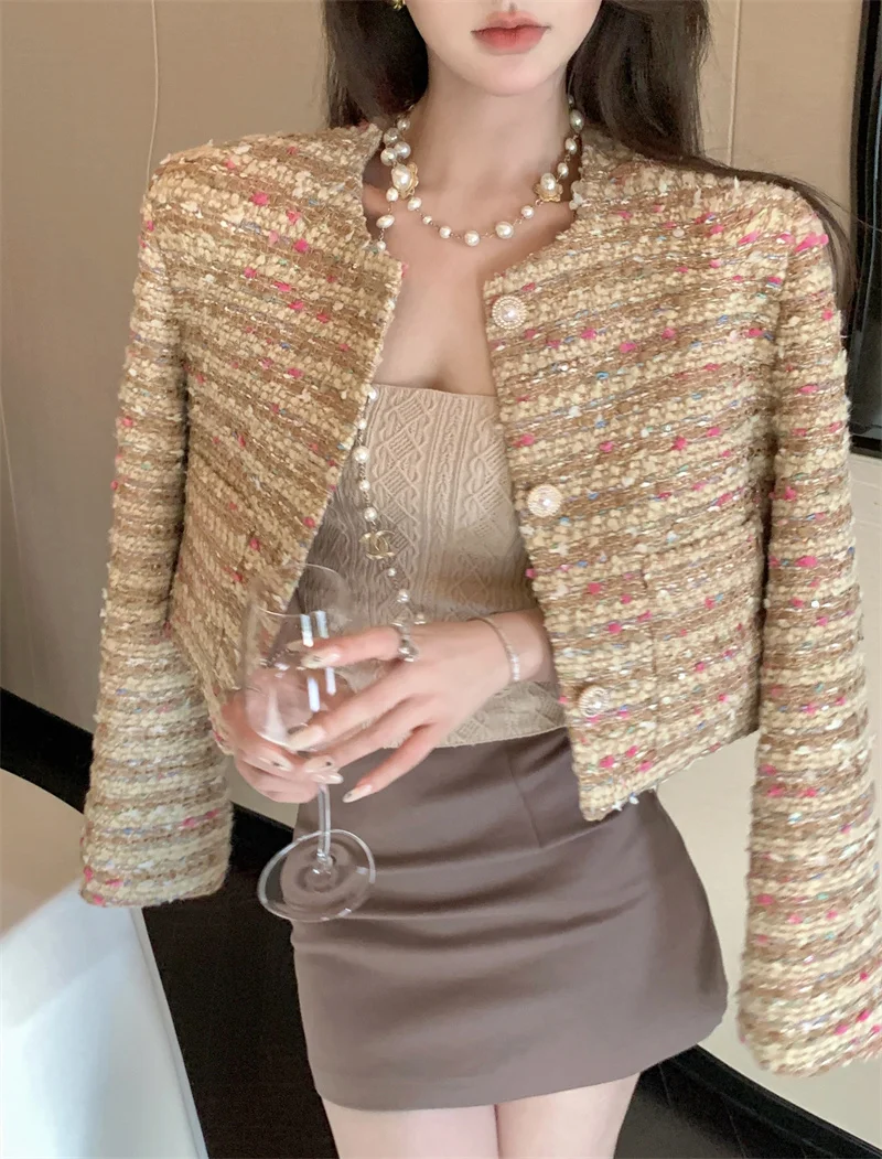 

New Colorful Tweed Short Coat Women's Fragrant Long Sleeve Fall Winter Y2K Fried Street Short Korean Fashion Outwear Jackets