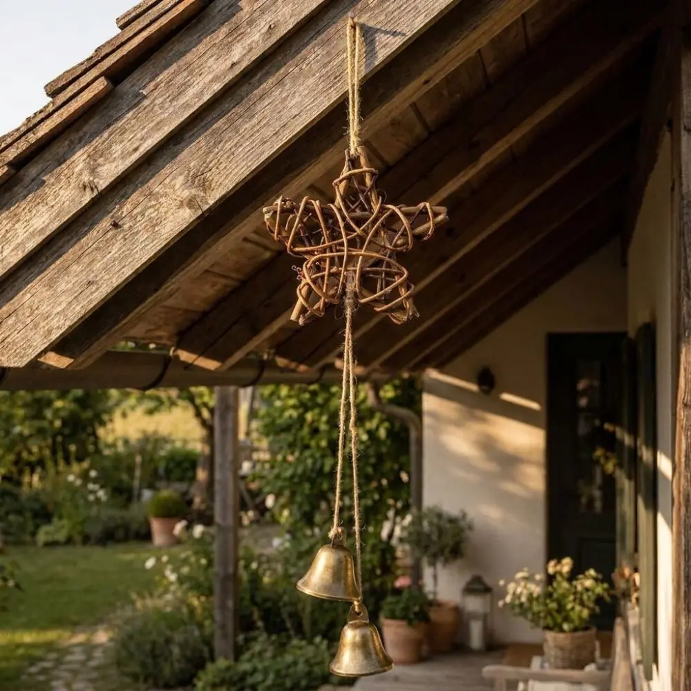 Pastoral Style Rattan Woven Wind Chime Textured Frame Hand Woven Door Hanging Tinkling Sound Five-pointed Star