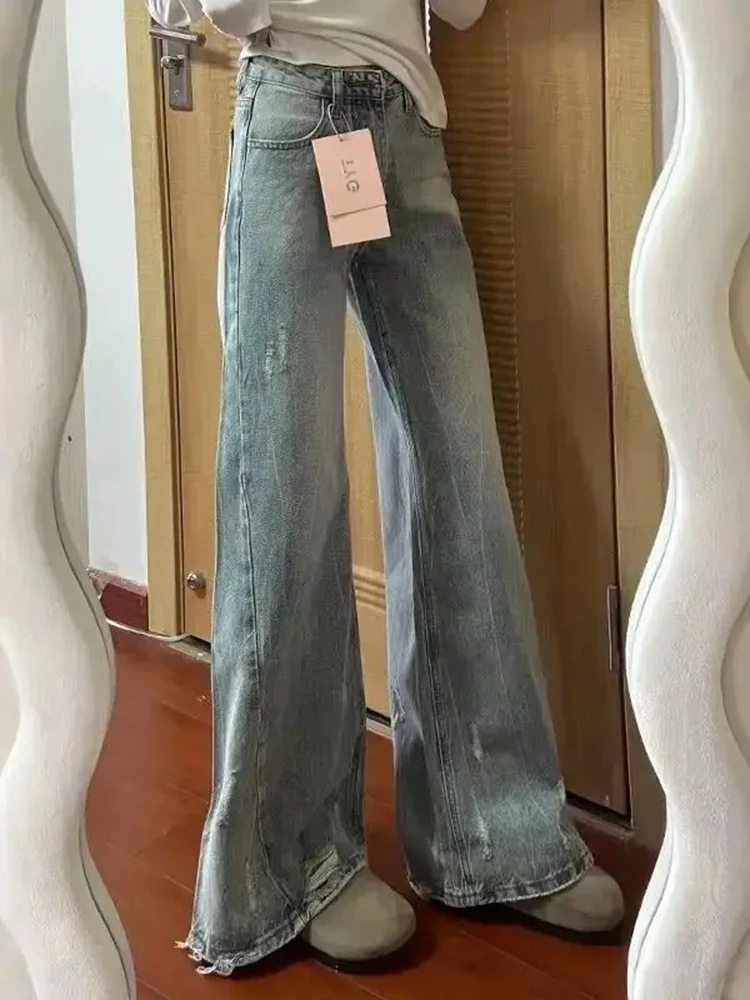 Y2K wijde pijpen jeans dames gewassen Amerikaanse retro hoog getailleerde broek versleten rechte pijpen herfst ontwerp slim fit