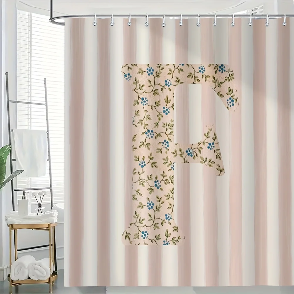 

Floral Letter F Shower Curtain with Hooks 2D Flat Print Pink White Stripes Blue Flowers Green Leaves Polyester Machine Washable