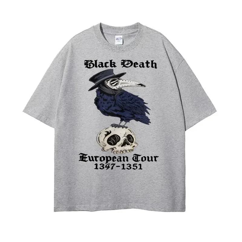 Join The Black Death European Tour with Our Raven Plague Doctor Crow Funny Meme TShirt for Men Harajuku Oversized Cotton T-shirt