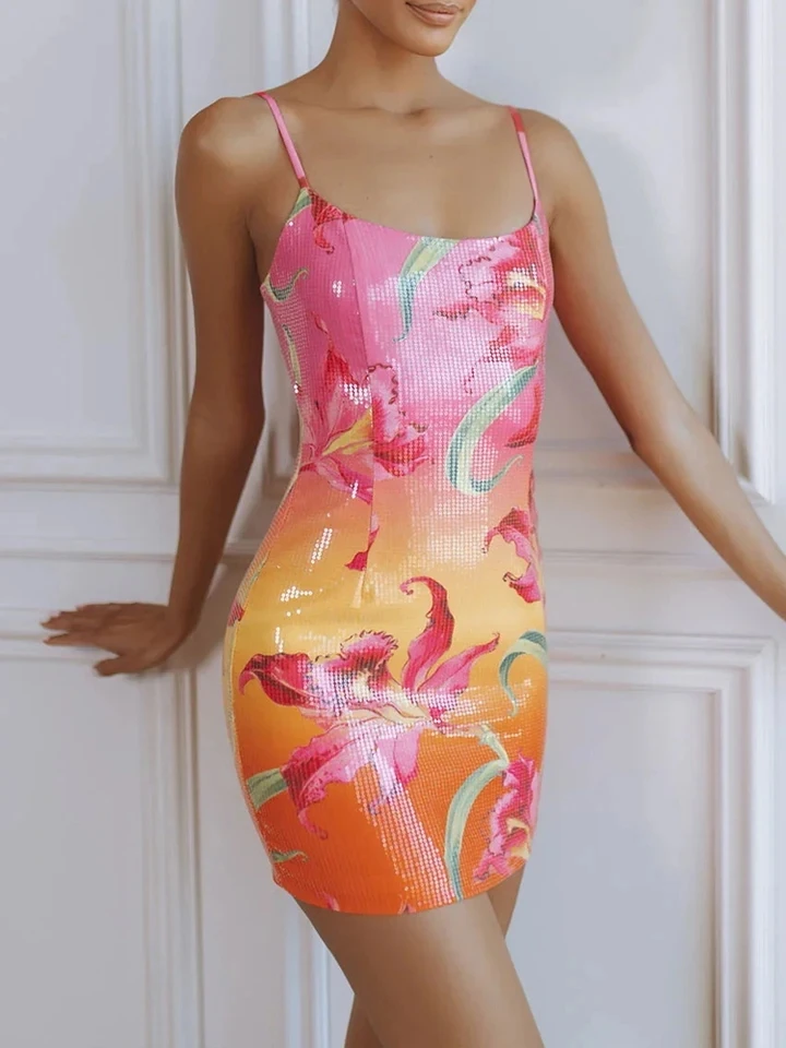 

Elegant Hollow Out Wrap Hips Short Dresses Spring Summer New Floral Printed Sequins Mini Dress Fashion Sleeveless Halter Dress