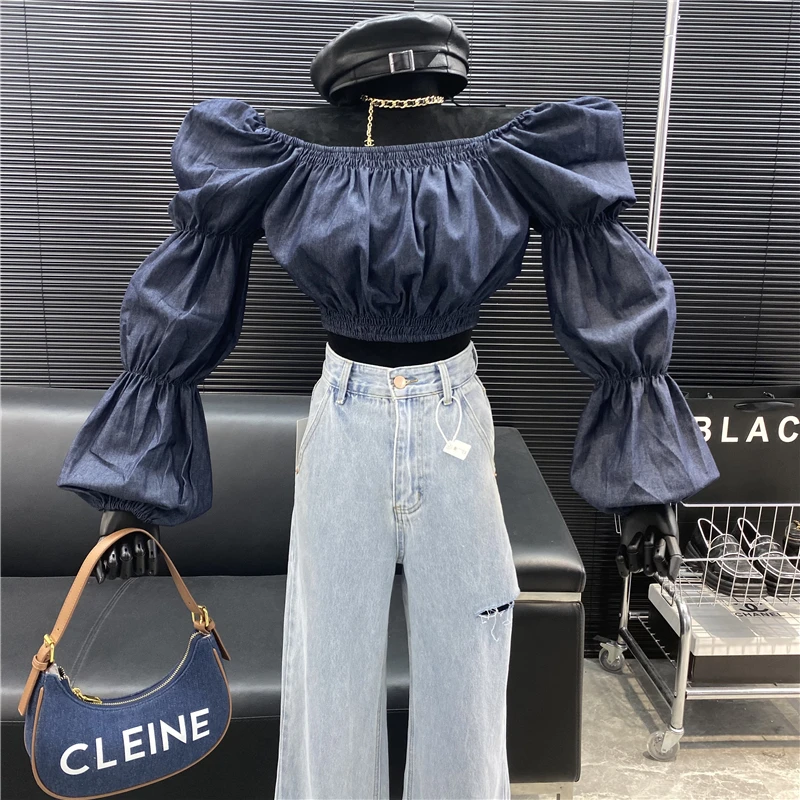 New 2022 fashion Designer new style Famous brand off shoulder square neck sleeve off waist blouse with thin waist denim top