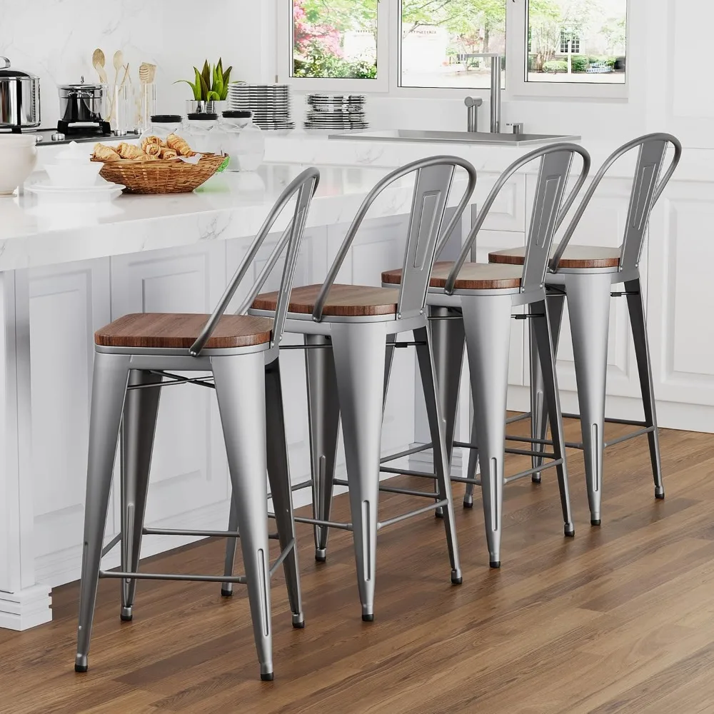 

24 inch Bar Stools Set of 4 High Back Kitchen Counter Height Bar Chairs Silver Metal Barstools with Large Wooden Seat