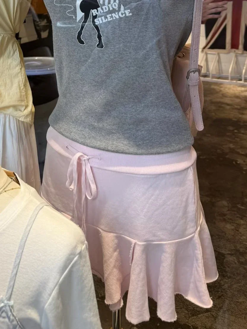 Pink Sweet Ruffles Mini Skirts Woman Summer Drawstring Low Waist Raw Hem A-line Short Faldas Female Preppy Style Cotton Skirt