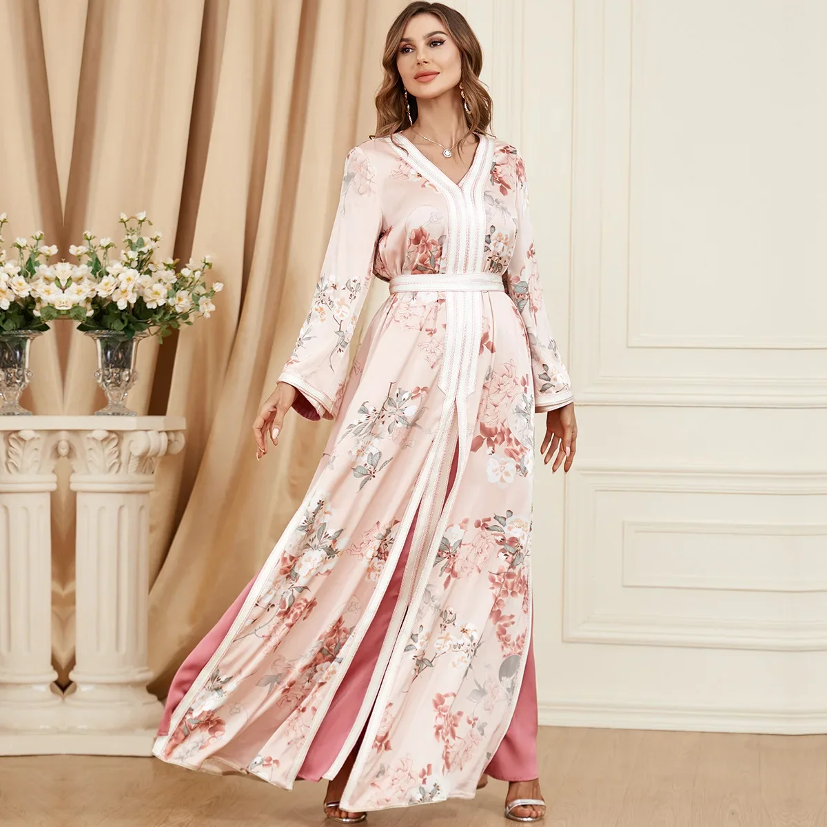 Print Women Morocco 2 Piece Set 2023 Robe Turkey Muslim Abaya Dress Eid Ramadan Party Dresses Dubai Abayas Belted Maxi Vestdios