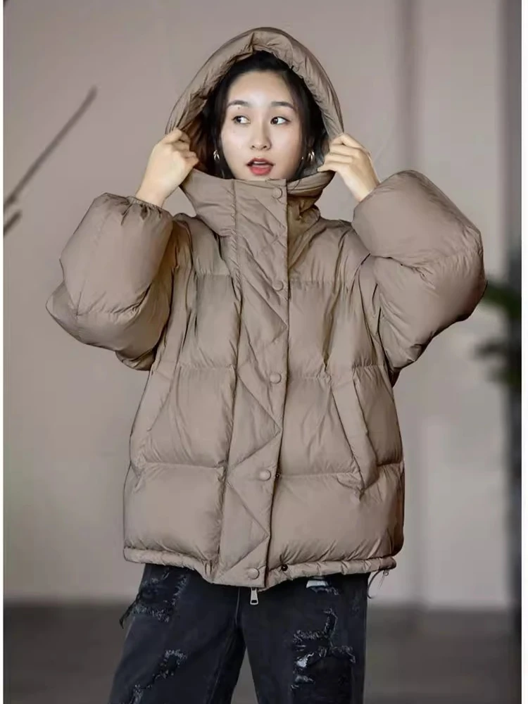 Women's White duck down Down jacket Short style Fashionable Lightweight Warm Hooded Outerwear Loose fit New style Solid colour