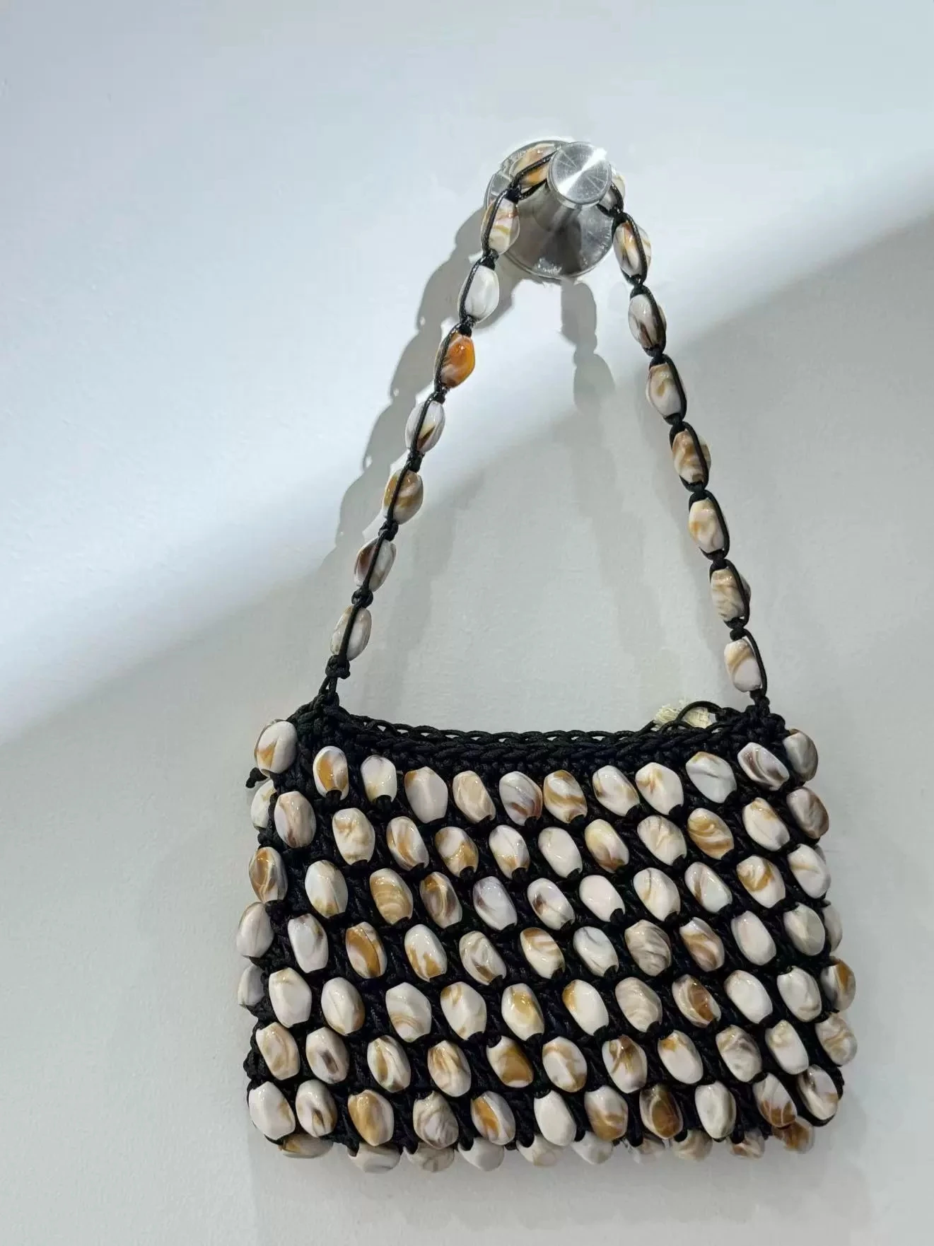 Handwoven Hollow out Wood Bead Shoulder Bag for Women Commuter Style Cross-Border Trend Medium Square Shape Cotton Lining