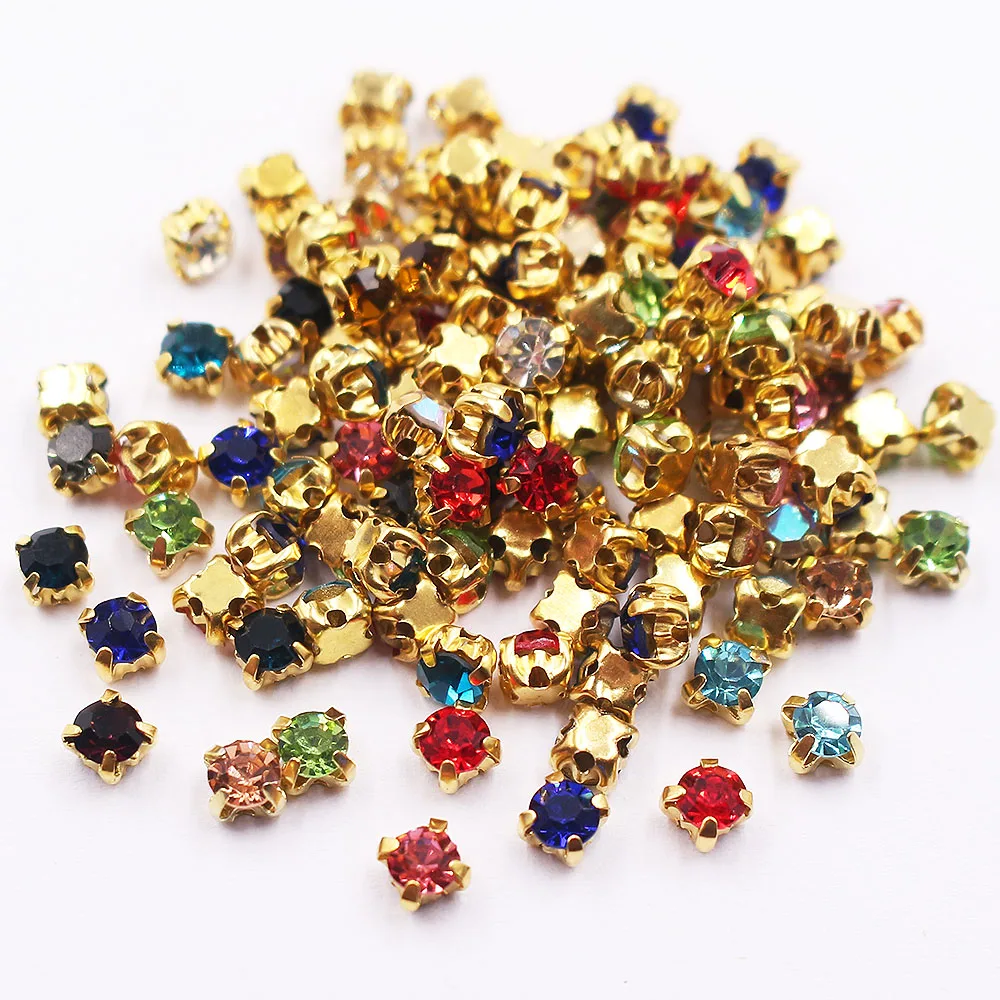 200pcs Gold Claw Sew On Rhinestones Flatback 4mm Shiny Crystal Stones Trim Sewing Rhinestones for Clothes Bags Fabric Gems Beads