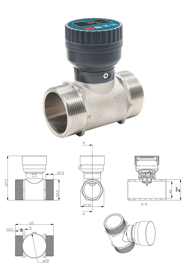 DN15 Smart Digital Display Flowmeter RS485 LCD Electronic Flowmeter 1/2" Stainless Steel Female Thread Flow Sensor