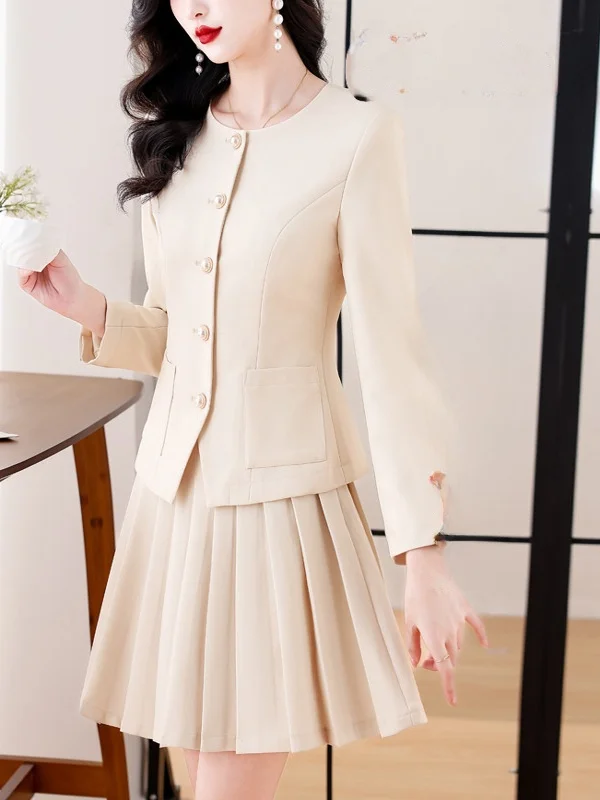 

Fashionable Commute Apricot Suit Set Women's Spring New Style Waist-Cinching OL Blouse And Pleated Skirt Two-Piece Set