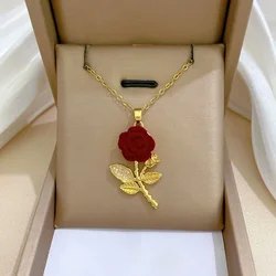 Fashion Red Rose Flower Pendant Necklace for Women Girls Stainless Steel Chain Party Accessories Vintage Y2K Jewelry Gifts