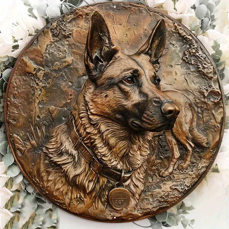 Aluminum Circular Metal Sign Plaque, Sculpture Engraved by Master Artisans, German Shepherd, 8x8Inch, 1Pc