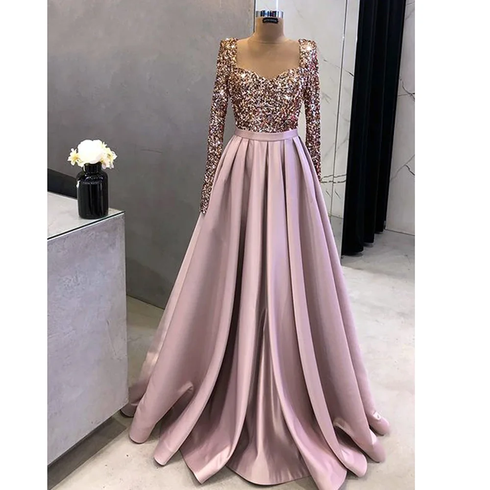 Luxury Sequined Evening Dresses for Women Fashion Long sleeves Sweetheart A-line Satin Wedding Party Gowns Chic Prom Dresses