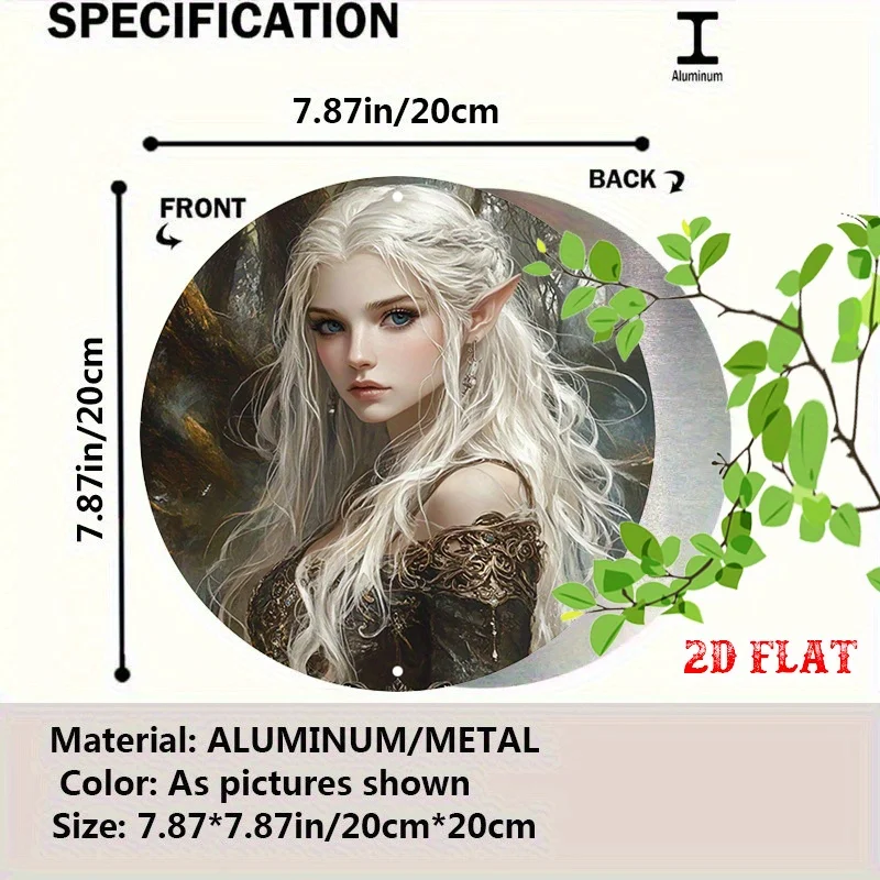 2D Flat Vintage Metal Sign - 7.8x7.8 Inch Round Poster Featuring Elegant Forest Elf with Silver Tiara, Ideal for Living Room, Ga