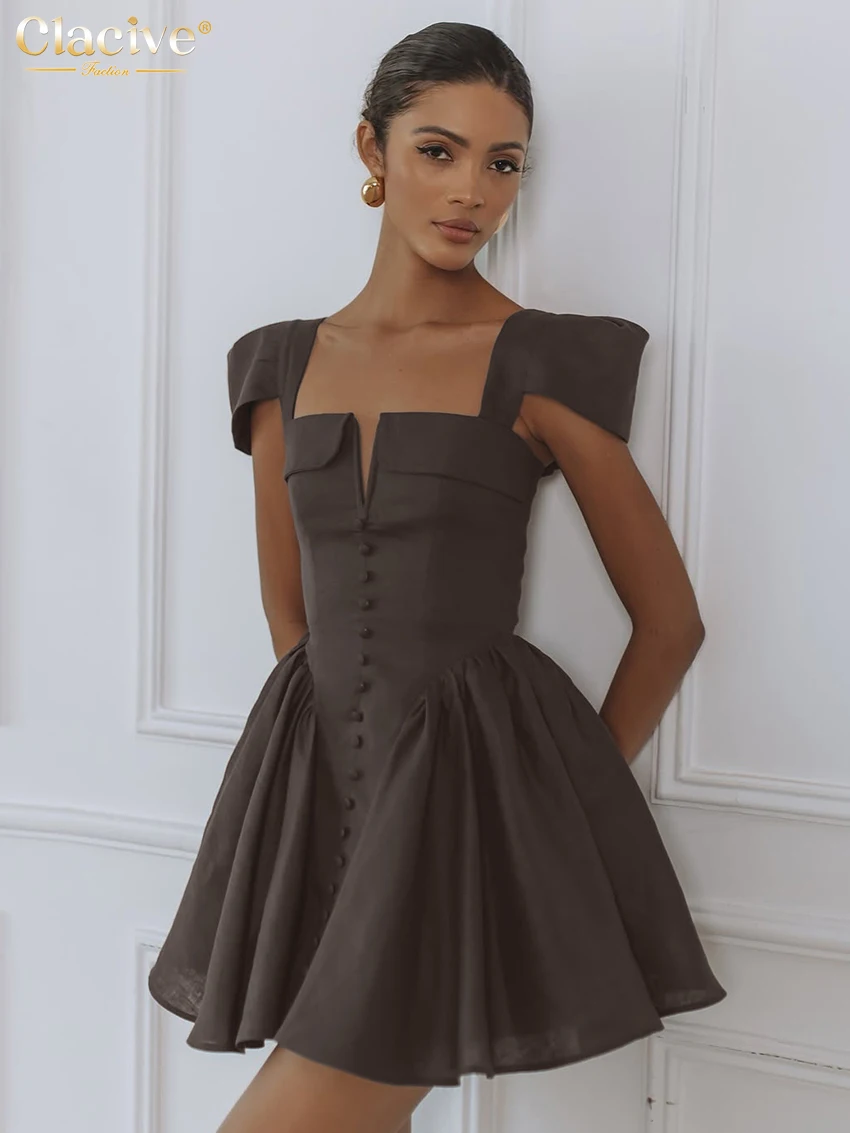 

Clacive Summer Slim Brown Women's Dress 2026 Sexy Square Collar Sleeveless Mini Dresses Lady Elegant Classic Pleated Female Dres