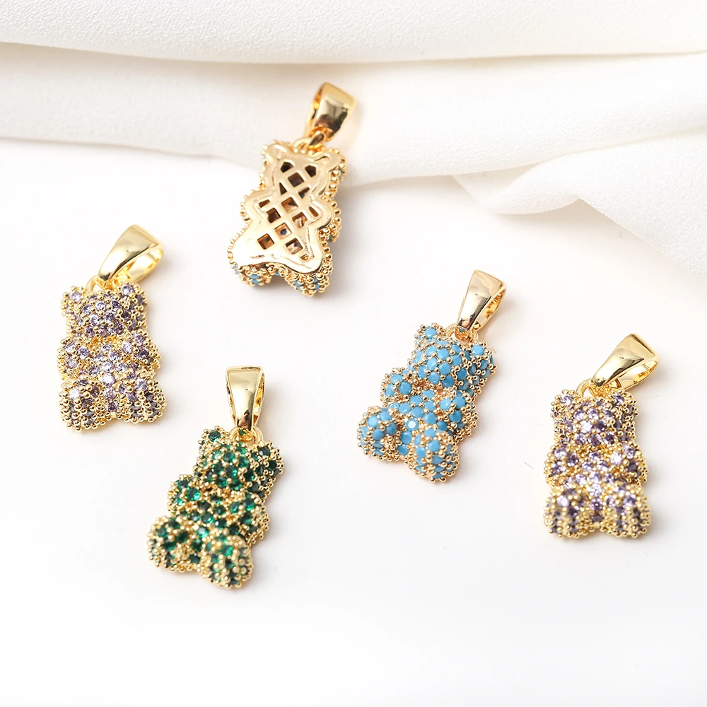Micro Pave Rhinestones Gummy Bear Pendant With Bail Brass Gold Plated Animal Bear Charm For Diy Bracelet Necklace Jewelry Making