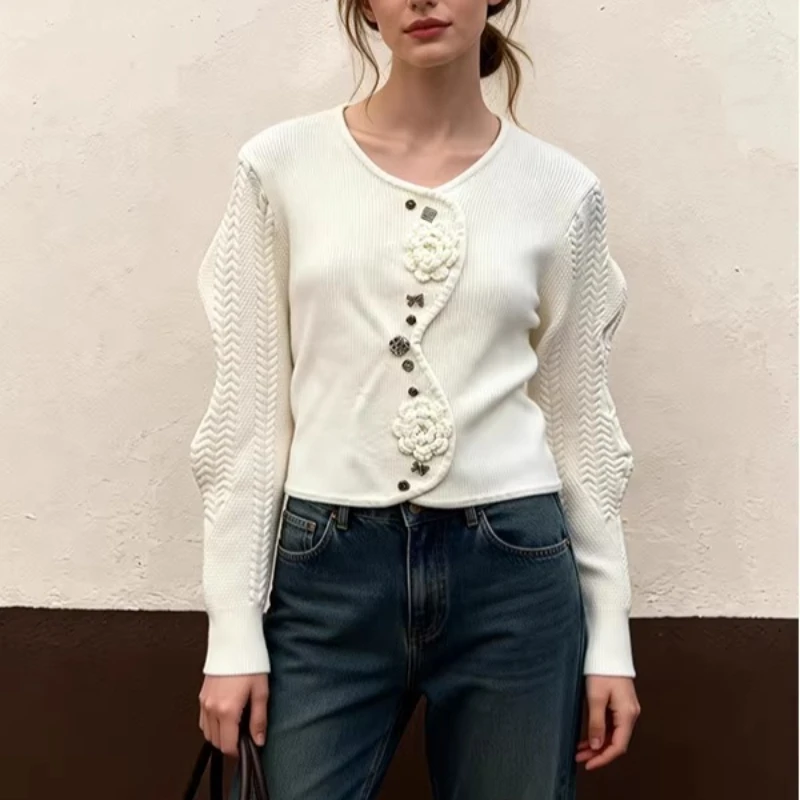 

Women 3D Crochet Flower Knit Cardigan Cropped Scalloped Edge French Style Sweater Top