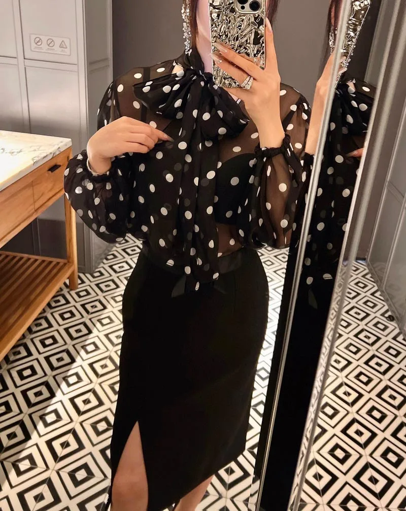 2024 Summer Luxury Women High Quality Dots Prints  Silk Long Sleeve Shirt Blouse for Female