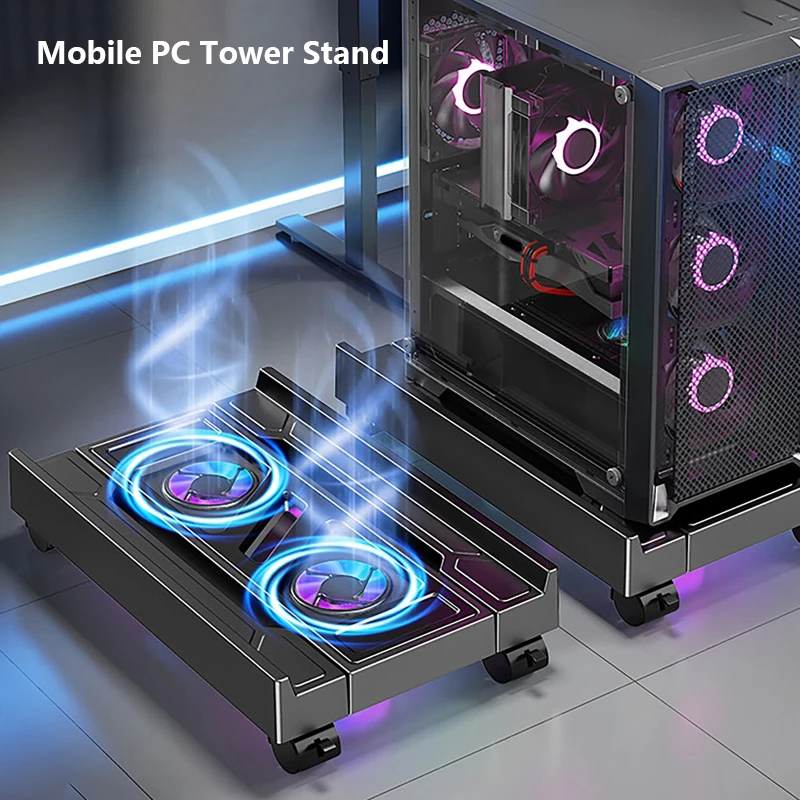 Desktop PC Tower Stand with Fan Adjustable Mobile Chassis Base Tray Bracket RGB Cooling Fan Office PC Heightened Cooling Shelf
