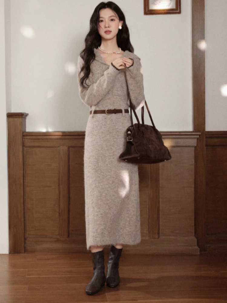 Alxnan plus size vestido 2025 botão com capuz fino-ajuste camadas de malha vestido de manga longa outono inverno roupas femininas d662170