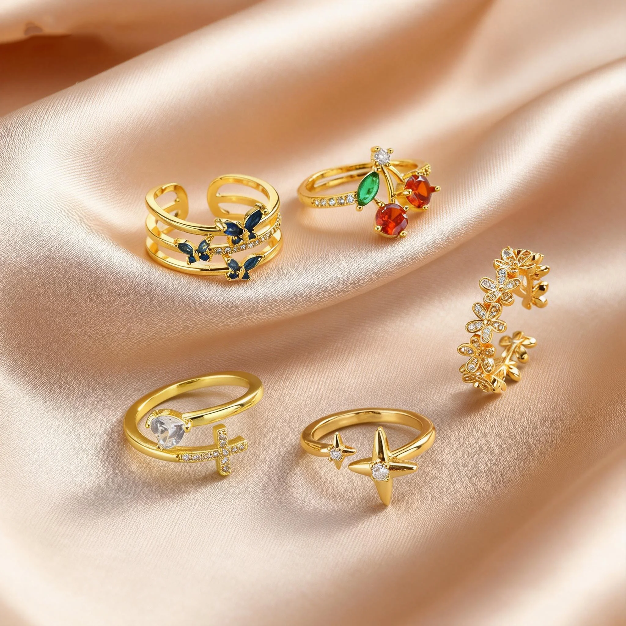 Sparkling Zircon Gold Plated Adjustable Ring for Women Heart Star Cherry Butterfly Open Ring for Wedding Party Fashion Jewelry