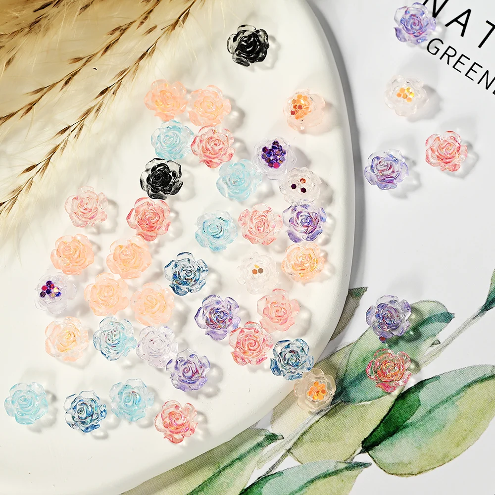 100Pcs 6/8mm 3D Acrylic Resin Flowers Nail Charm Aurora Camellia Rhinestone Nail Jewelry Rose Polish Accessories Nail Decoration