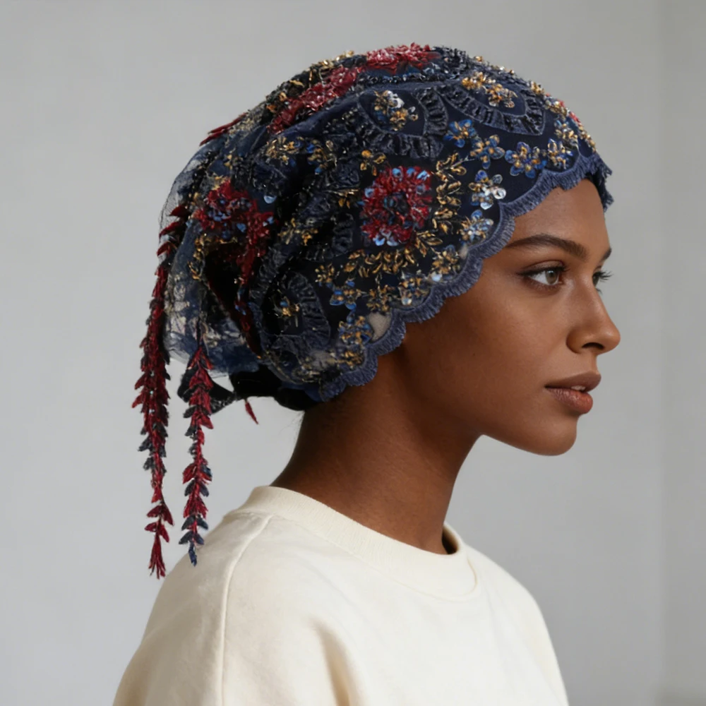

New Lace Underscarf Beads Inner Hijab Hat Women Muslim Hijab Tassel Embroidery Headscarf Beanies Bonnet Wedding Party Headwear