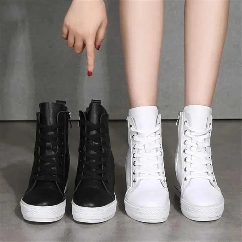 Autumn Women Genuine Leather 8cm Hidden Wedge Sneakers Platform Shoes High Heels Sneakers Woman Casual Shoes White Women Trainer