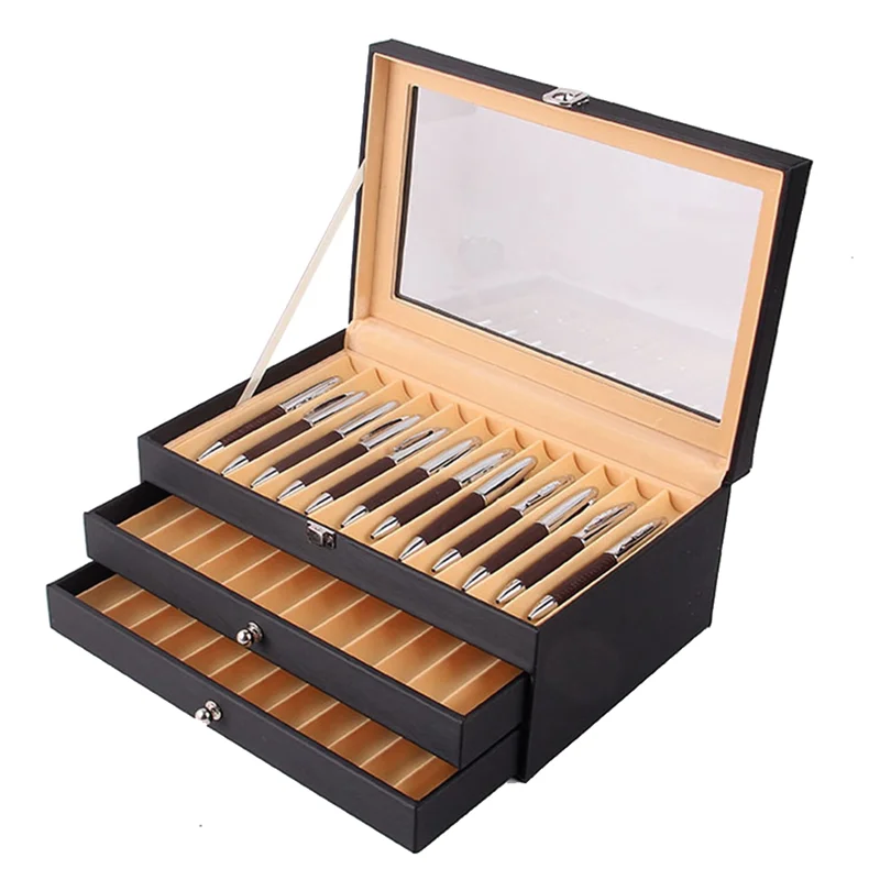 AGG-36 Slots Wooden Pen Display Storage Box Luxury 3 Layer PU Pen Case Glass Window Fountain Case Pen-Collection Organizer 1