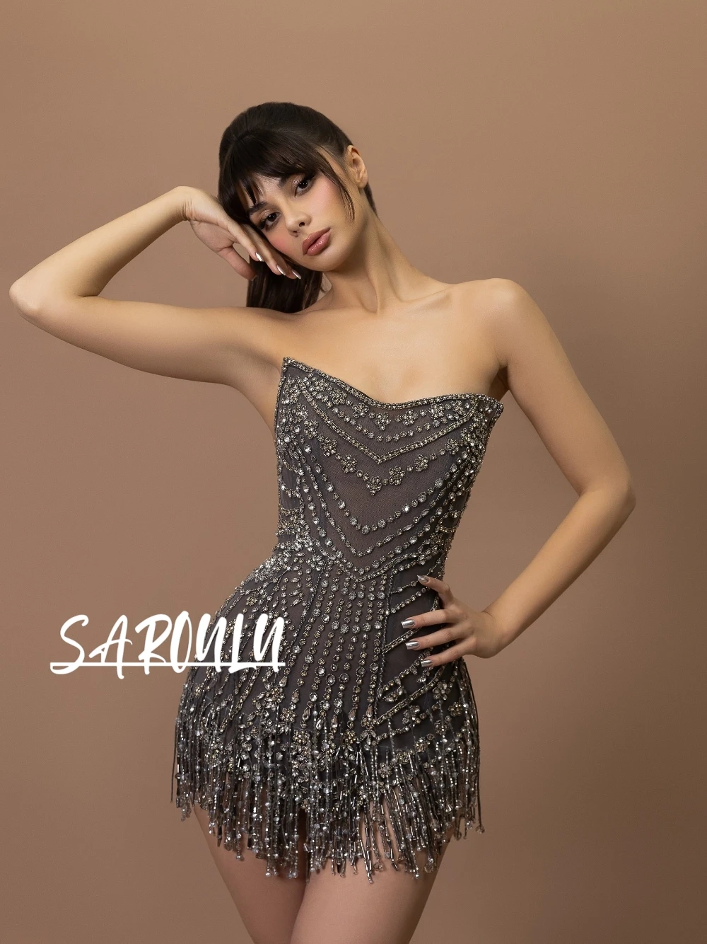 

2026 Showstopper коричнево-серое вечернее платье без бретелек с низкой спинкой и кисточками из бисера мини-вечернее коктейльное платье женская одежда для ночного клуба