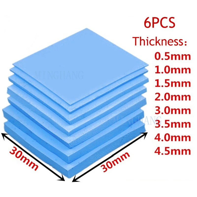 M   6PCS  Thermal Conductive Silicone 30X30mm 0.5-5mm for GPU CPU Heatsink Cooling Pad