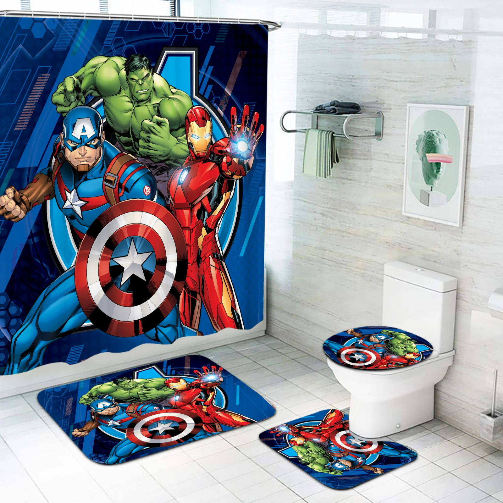 

Avengers Series 4 Piece Bathroom Set Mats And Shower Curtain Accessories Curtains For Decor Sets Luxury Home Anime