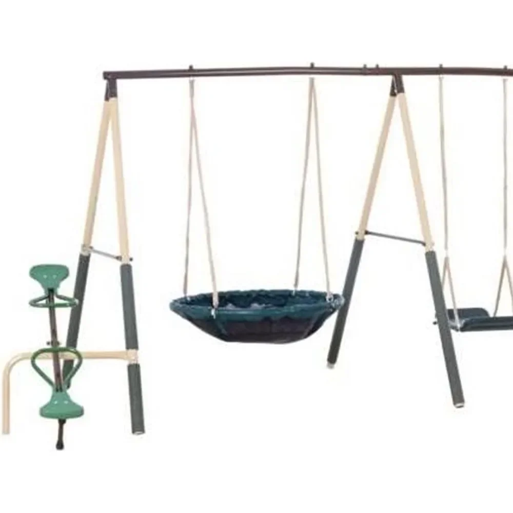 Outdoor playground swing set with slide, saw, trapeze swing, fun glider, swing seat and stand