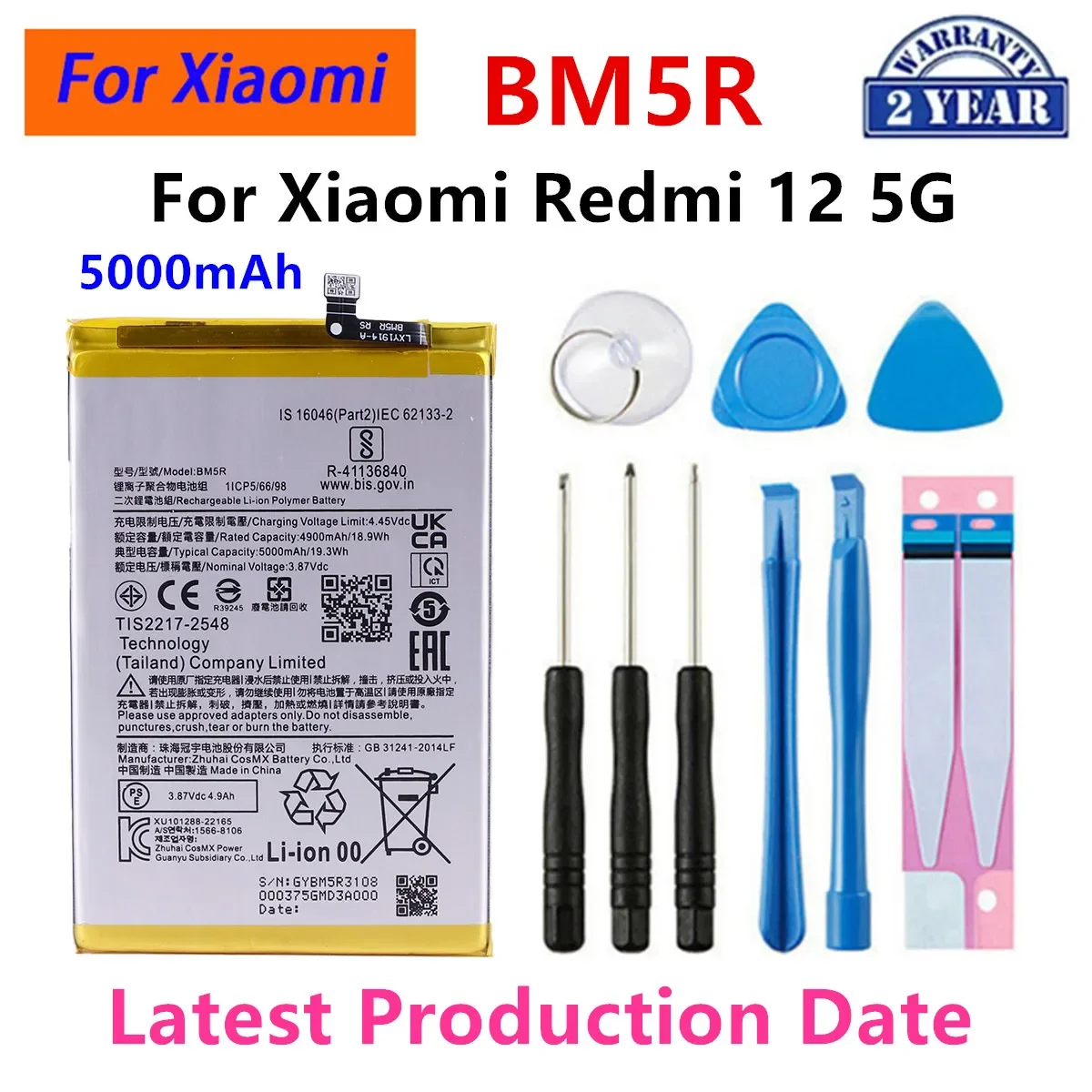 

Brand New Battery BM5R 5000mAh For Xiaomi Redmi 12 5G Phone Replacement Batteries +Tools