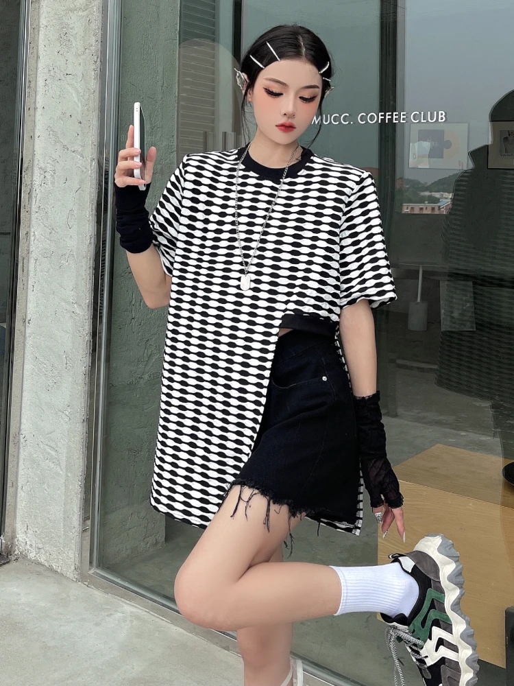 

Summer New Polka Dot Slit T-shirt Women Streetwear Round Neck Short Sleeve Loose Oversized Tops Woman