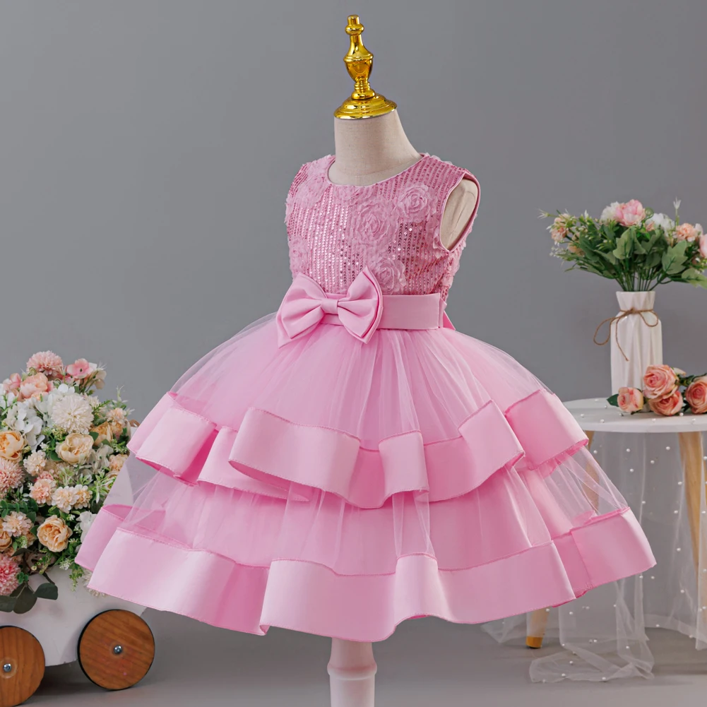 HETISO Children Dresses Sequins Flower Kids Festive New Year Dress for Girls Elegant Christmas Ball Gown Layered Mesh Costume