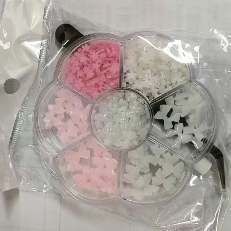 1 Caja Decoración de Uñas 3D Flores y Lazos, Kit Rosa/Blanco Acrílico con Cuentas de Perla, con Cera y Pinzas, 4/6mm 6